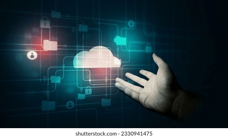 Hand holding cloud technology process to connect a information network.Business global, social media and digital marketing.Technology and futuristic dark blue color background.