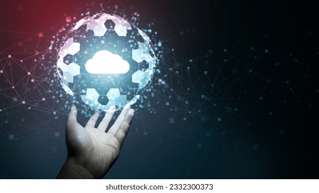 Hand holding cloud technology process to connect a information network.Business global, social media and digital marketing.Technology and futuristic dark blue color background.