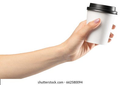 Hand Holding A Coffee Paper Cup Isolated On White Background