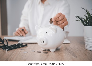   Hand holding coin with pig piggy bank. Saving and financial accounts concept - Powered by Shutterstock