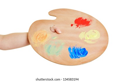 Hand Holding Color Mixing Palette With Oil Paint