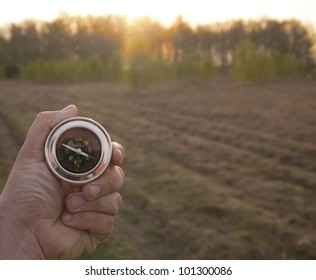 Hand Holding A Compass In Front Of A Choice Between Two Paths In The Wood