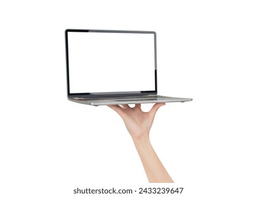 Hand holding computer laptop with blank screen isolated on white background. - Powered by Shutterstock