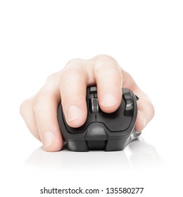 Hand Holding Computer Mouse Isolated On A White Background