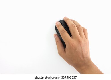 Hand Holding Computer Mouse On Isolated White Background.