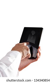 hand holding computer tablet