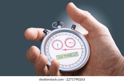 Hand holding a conceptual stopwatch with the text on time. Delivery time concept. Just in time logistics. - Powered by Shutterstock