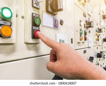 Hand Holding The Control Panel Of The Industrial Plant And Pushing Or Turning The Button In Electrical Selector Switch,button Switch Motor Control Center Cabinet
