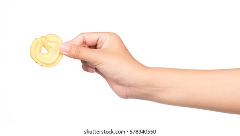 Hand Holding Cookie Isolated On White Background