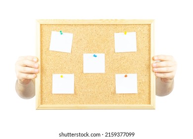 Hand Holding Cork Pinboard With Five Pinned Paper With Copy Space, Isolated On White Background, Paper Area For Text On Wooden Cork Board, Banner Idea