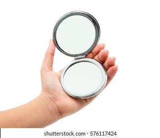 Hand Holding Cosmetic Mirror Isolated On White