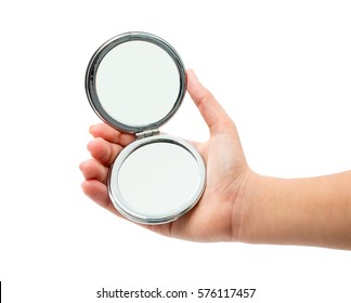 Hand Holding Cosmetic Mirror Isolated On White