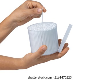 Hand Holding Cotton Buds Or Cotton Swab Box In Plastic.