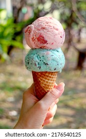 Hand Holding A Crispy Cone With Two Scoops Of Ice Cream Against Blurry Summer Garden