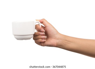 Hand Holding A Cup Of Coffee, Isolated On White Background