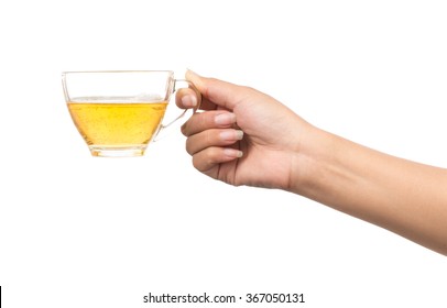 Hand Holding A Cup Of Tea Isolated On White Background