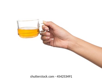 Hand Holding A Cup Of Tea Isolated On White Background