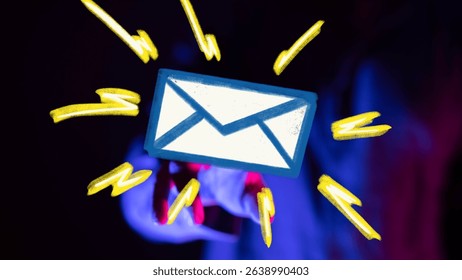 Hand Holding Digital Email Icon, Neon Glow