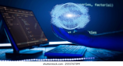 Hand Holding a Digital Globe with Software Code in Background Representing Global Technology, Programming - Powered by Shutterstock