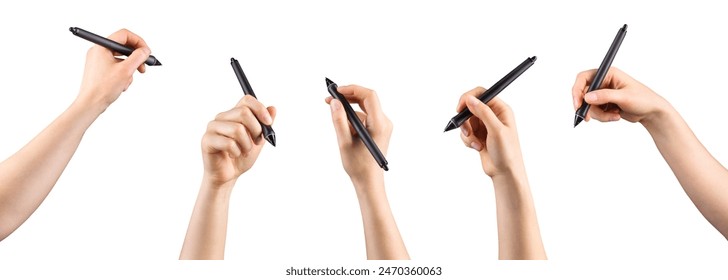 Hand holding digital graphic pen and drawing something isolated on white background with clipping path - Powered by Shutterstock