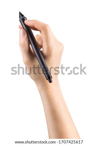 Hand holding digital graphic pen and drawing something isolated on white background with clipping path