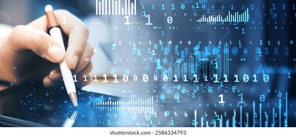 Hand holding a digital pen interacting with a tablet, overlaid with virtual binary code, stats, and holographic data on a blue background. Concept of digital technology - Powered by Shutterstock - Get 15% off with code: PIKWIZARD15