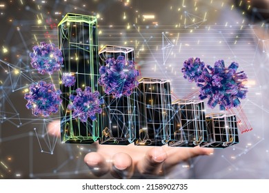 A Hand Holding A Digital Render Of A Graph With COVID Particles