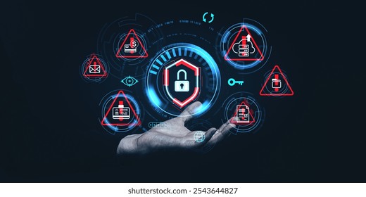 Hand holding digital security interface with padlock and warning icons, holographic style, dark background. Concept of cybersecurity