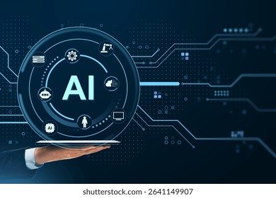 Hand holding digital tablet with glowing AI interface, futuristic icons and circuit lines on dark blue background, concept of smart tech innovation
