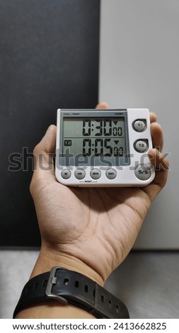 A hand holding a digital timer device