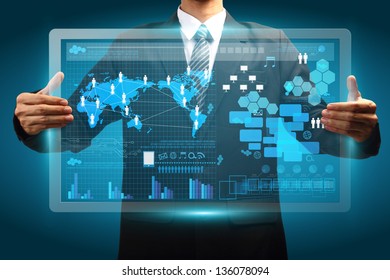 Hand holding digital vurtual screen technology business concept, Creative network information process diagram - Shutterstock ID 136078094