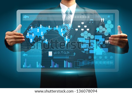 Hand holding digital vurtual screen technology business concept, Creative network information process diagram