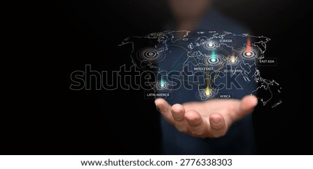 Hand holding digital world map with regional power centers and network lines. Fragmented multipolar world, power shift, geopolitical influence, economic change and international strategy concept.
