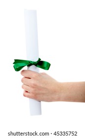 Hand Holding A Diploma Isolated Over A White Background