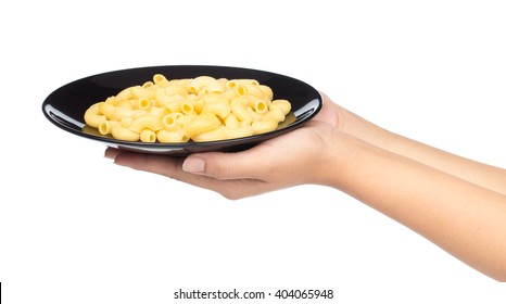 hand holding dish with pasta isolated on white background