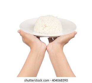 hand holding Dish of rice isolated on white background