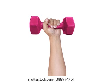 Hand Holding Dumbell On Isolated White Background.