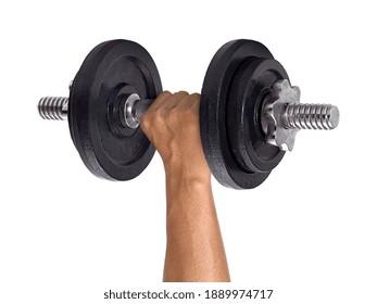 Hand Holding Dumbell On Isolated White Background.