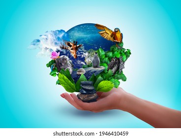 Hand Holding Earth Engulfed In Leaves, Cute Wild Animals, Lush Greenery – Leaves And Water. Protect The Environment And Earth Day Concept