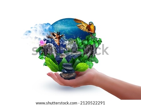 Hand holding the Earth engulfed in leaves, cute wild animals, lush greenery – leaves and water. Protect the environment and Earth Day concept. On a white background
