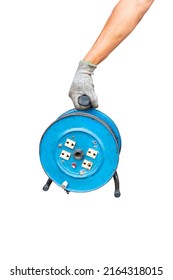 Hand Holding Electrical Cable Extension Reel Isolated On White Background.Blue Cable Reels.