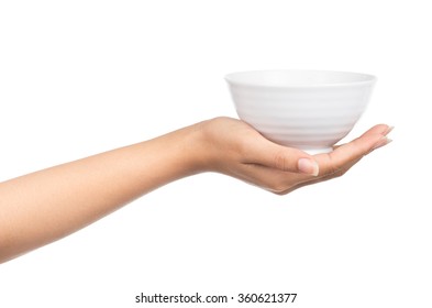 Hand Holding An Empty Bowl Isolated On White Background