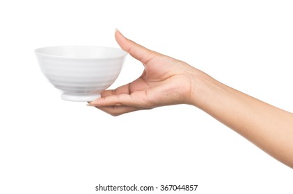 Hand Holding An Empty Bowl Isolated On White Background