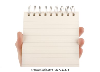 Hand Holding An Empty Notepad (notebook) Isolated On White