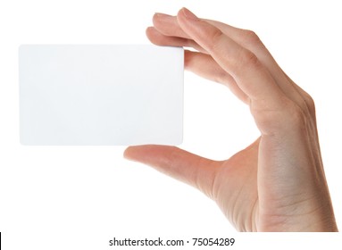 Hand Holding An Empty Plastic Card. Isolated On White Background