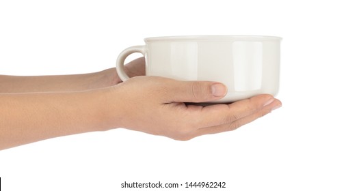 Hand holding Empty white Soup Bowls isolatedon white background
