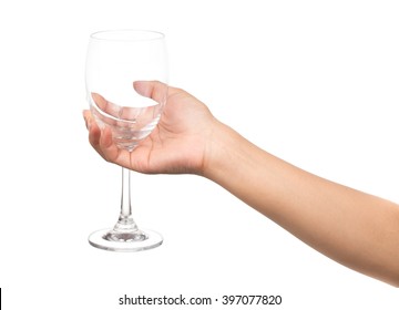 Hand Holding Empty Wine Glass Isolated On White Background