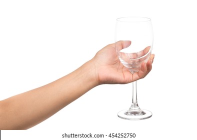 Hand Holding Empty Wine Glass Isolated On White Background