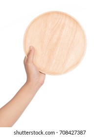 Hand Holding Empty Wooden Plate Isolated On White Background