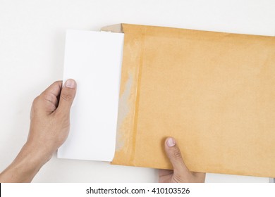 Hand Holding Envelope And Open Envelope Isolated On White Background.